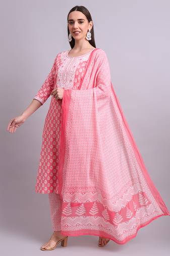 red cotton buti printed & embroidery work kurta with trousers & dupatta set