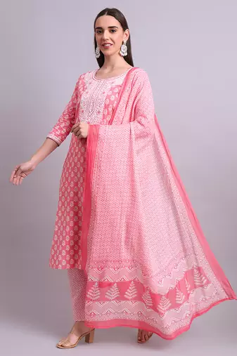 red cotton buti printed & embroidery work kurta with trousers & dupatta set