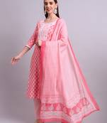 red cotton buti printed & embroidery work kurta with trousers & dupatta set