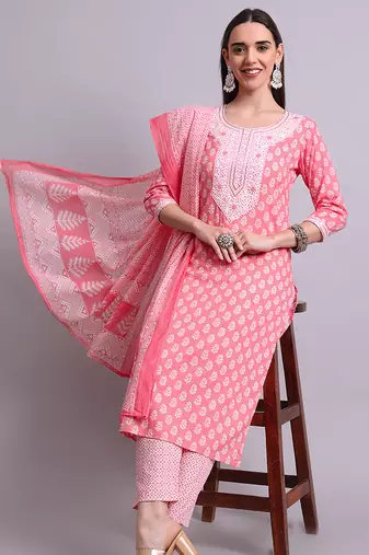 red cotton buti printed & embroidery work kurta with trousers & dupatta set