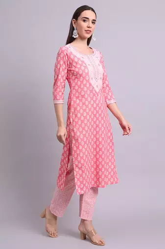 red cotton buti printed & embroidery work kurta with trousers & dupatta set