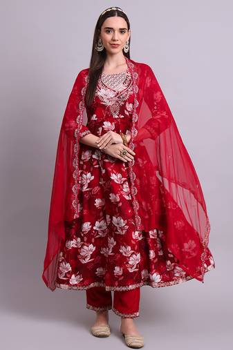 maroon cotton floral printed & embroidery work anarkali kurta with trousers & dupatta set