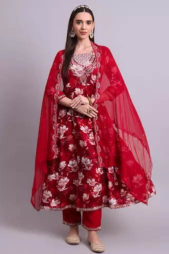 maroon cotton floral printed & embroidery work anarkali kurta with trousers & dupatta set