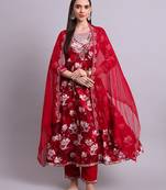 maroon cotton floral printed & embroidery work anarkali kurta with trousers & dupatta set