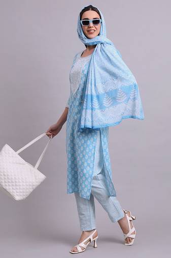 sky blue cotton buti printed & embroidery work kurta with trousers & dupatta set