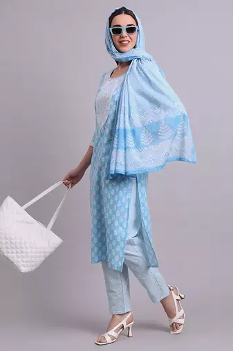 sky blue cotton buti printed & embroidery work kurta with trousers & dupatta set