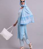 sky blue cotton buti printed & embroidery work kurta with trousers & dupatta set