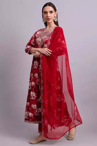 maroon cotton floral printed & embroidery work anarkali kurta with trousers & dupatta set