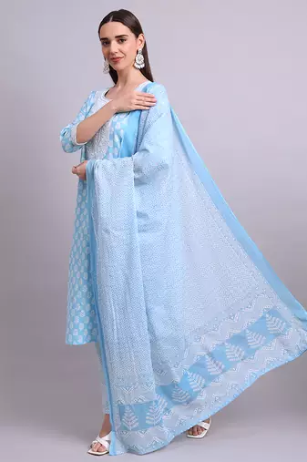 sky blue cotton buti printed & embroidery work kurta with trousers & dupatta set