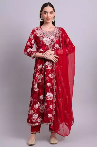 maroon cotton floral printed & embroidery work anarkali kurta with trousers & dupatta set