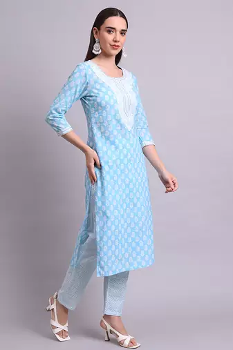 sky blue cotton buti printed & embroidery work kurta with trousers & dupatta set