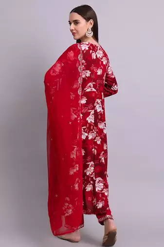 maroon cotton floral printed & embroidery work anarkali kurta with trousers & dupatta set