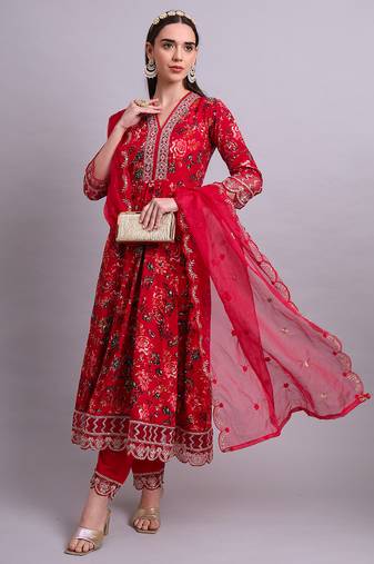 maroon cotton floral printed & embroidery work kurta with trousers & dupatta set