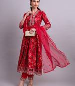 maroon cotton floral printed & embroidery work kurta with trousers & dupatta set