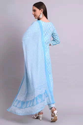 sky blue cotton buti printed & embroidery work kurta with trousers & dupatta set