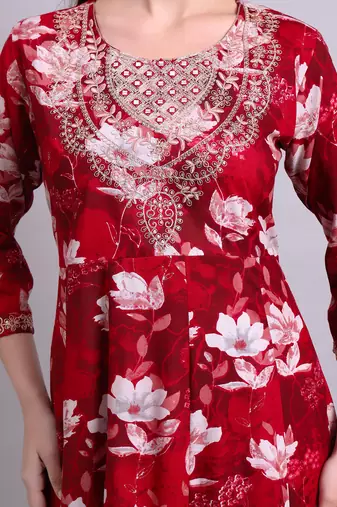 maroon cotton floral printed & embroidery work anarkali kurta with trousers & dupatta set