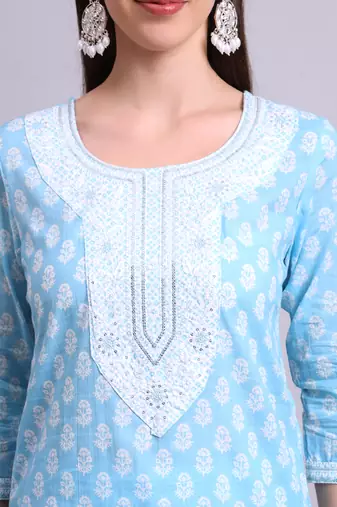 sky blue cotton buti printed & embroidery work kurta with trousers & dupatta set