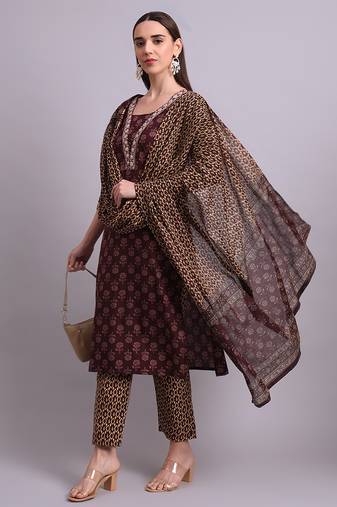 Maroon cotton buti printed & embroidery work kurta with trousers & dupatta set