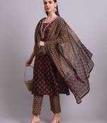 Maroon cotton buti printed & embroidery work kurta with trousers & dupatta set