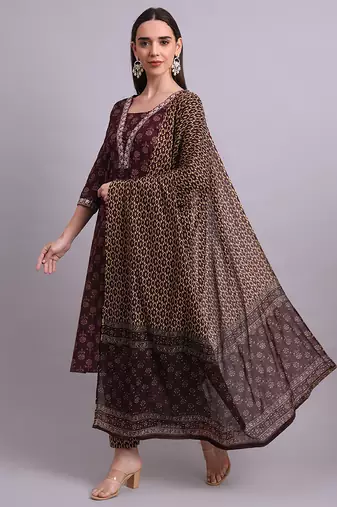 Maroon cotton buti printed & embroidery work kurta with trousers & dupatta set