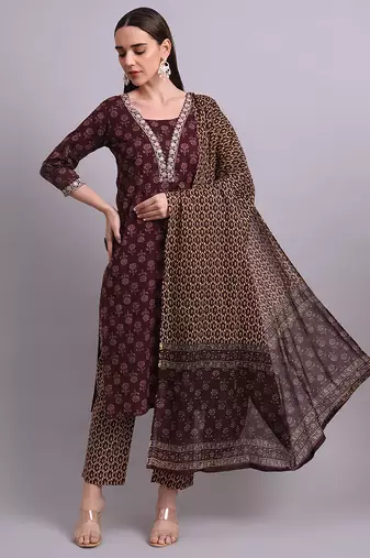 Maroon cotton buti printed & embroidery work kurta with trousers & dupatta set