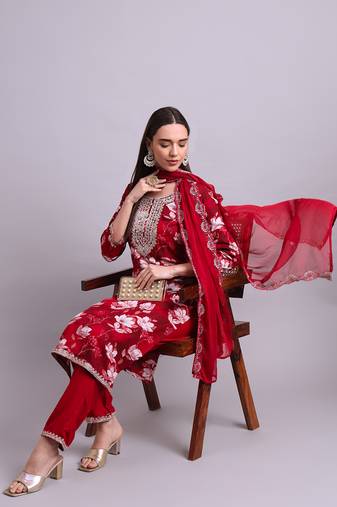 maroon cotton floral printed & embroidery work kurta with trousers & dupatta set