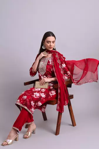maroon cotton floral printed & embroidery work kurta with trousers & dupatta set