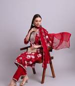 maroon cotton floral printed & embroidery work kurta with trousers & dupatta set