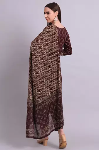 Maroon cotton buti printed & embroidery work kurta with trousers & dupatta set