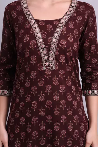 Maroon cotton buti printed & embroidery work kurta with trousers & dupatta set