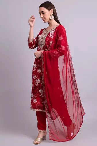 maroon cotton floral printed & embroidery work kurta with trousers & dupatta set