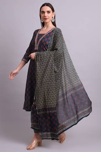 blue cotton buti printed & embroidery work kurta with trousers & dupatta set
