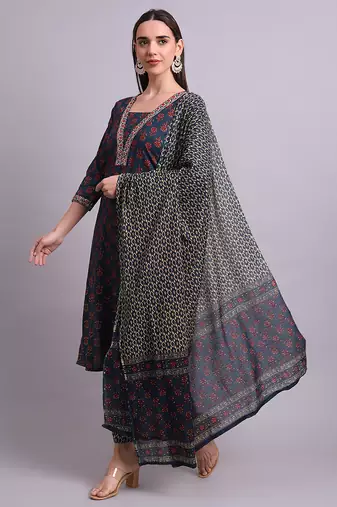 blue cotton buti printed & embroidery work kurta with trousers & dupatta set
