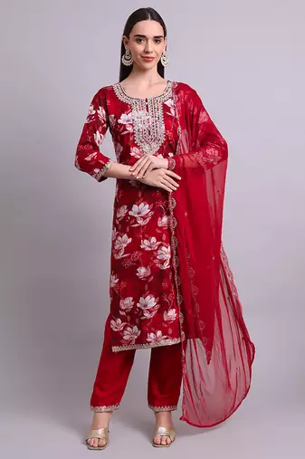 maroon cotton floral printed & embroidery work kurta with trousers & dupatta set