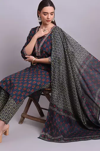 blue cotton buti printed & embroidery work kurta with trousers & dupatta set