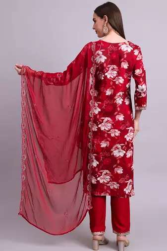 maroon cotton floral printed & embroidery work kurta with trousers & dupatta set