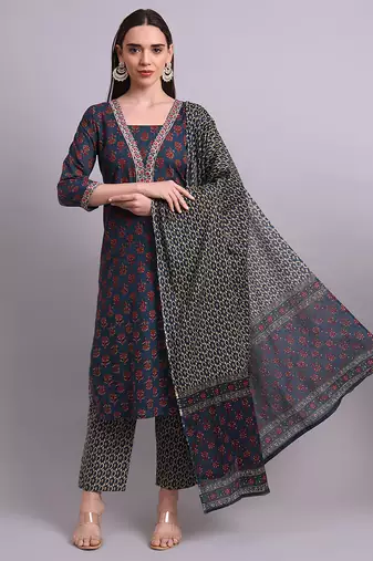 blue cotton buti printed & embroidery work kurta with trousers & dupatta set