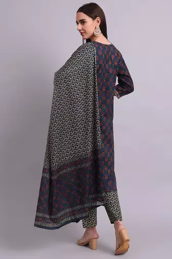 blue cotton buti printed & embroidery work kurta with trousers & dupatta set