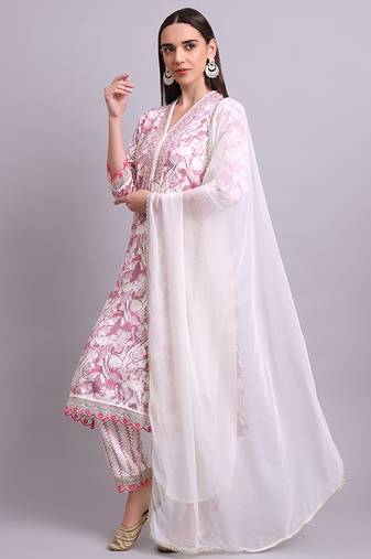 off white cotton floral printed & embroidery work kurta with trousers & dupatta set