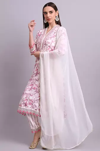 off white cotton floral printed & embroidery work kurta with trousers & dupatta set