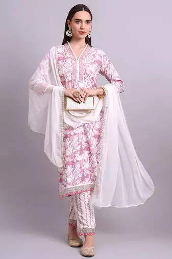 off white cotton floral printed & embroidery work kurta with trousers & dupatta set