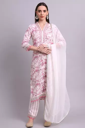off white cotton floral printed & embroidery work kurta with trousers & dupatta set