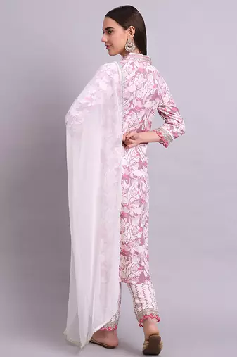 off white cotton floral printed & embroidery work kurta with trousers & dupatta set