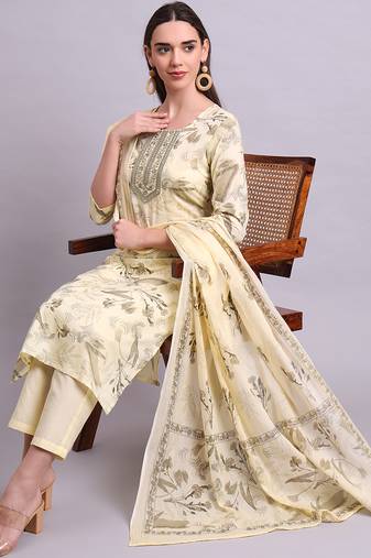 beige cotton floral printed & embroidery work kurta with trousers & dupatta set