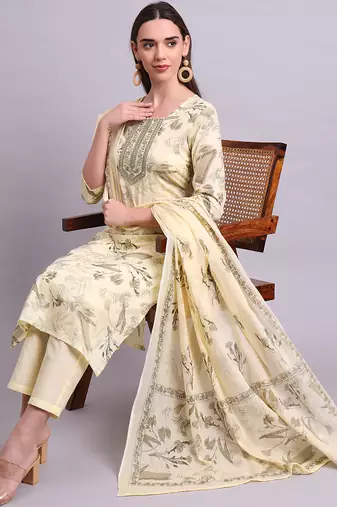 beige cotton floral printed & embroidery work kurta with trousers & dupatta set