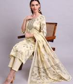 beige cotton floral printed & embroidery work kurta with trousers & dupatta set