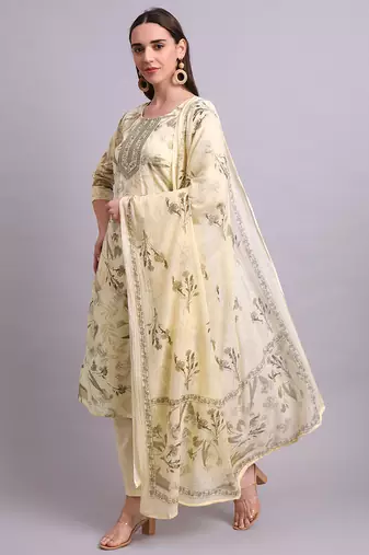 beige cotton floral printed & embroidery work kurta with trousers & dupatta set