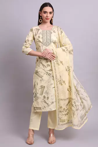 beige cotton floral printed & embroidery work kurta with trousers & dupatta set