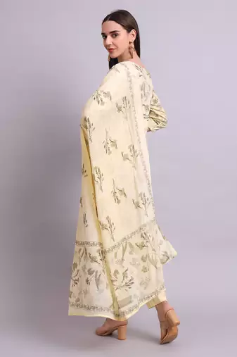 beige cotton floral printed & embroidery work kurta with trousers & dupatta set