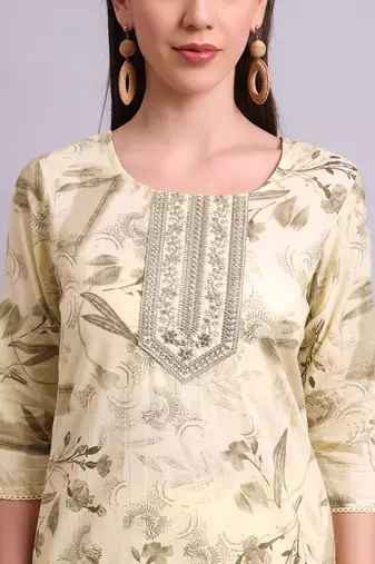 beige cotton floral printed & embroidery work kurta with trousers & dupatta set
